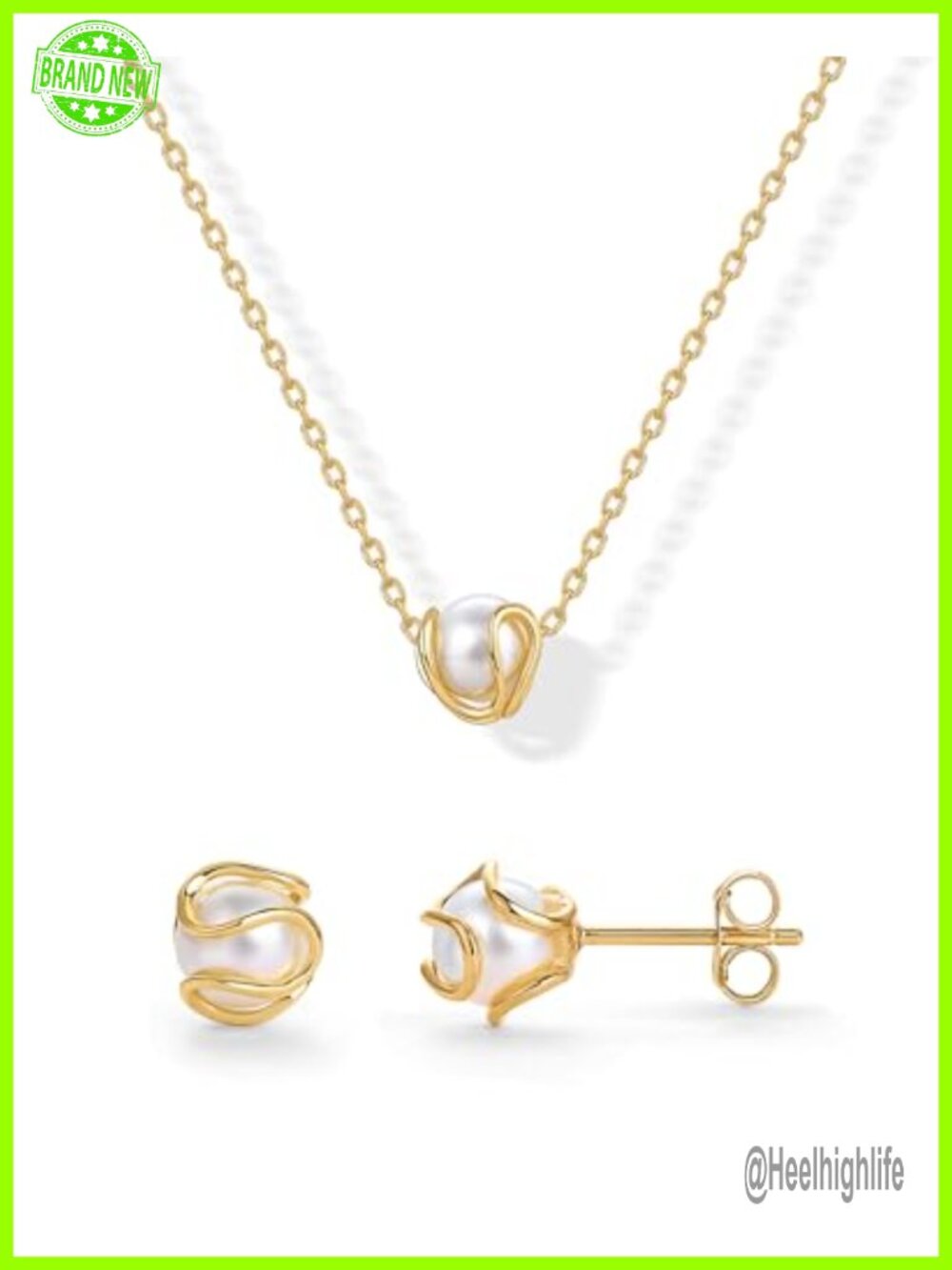 14K Gold Plated Caged Pearl Necklace Earrings Jewelry Set Women Hypoallergenic
